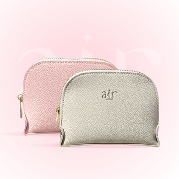 Travel Essentials Makeup Bag Set – Pink & Gray Textured Leather Cosmetic Pouches With Gold Zippers For On-The-Go Beauty – Travel Size