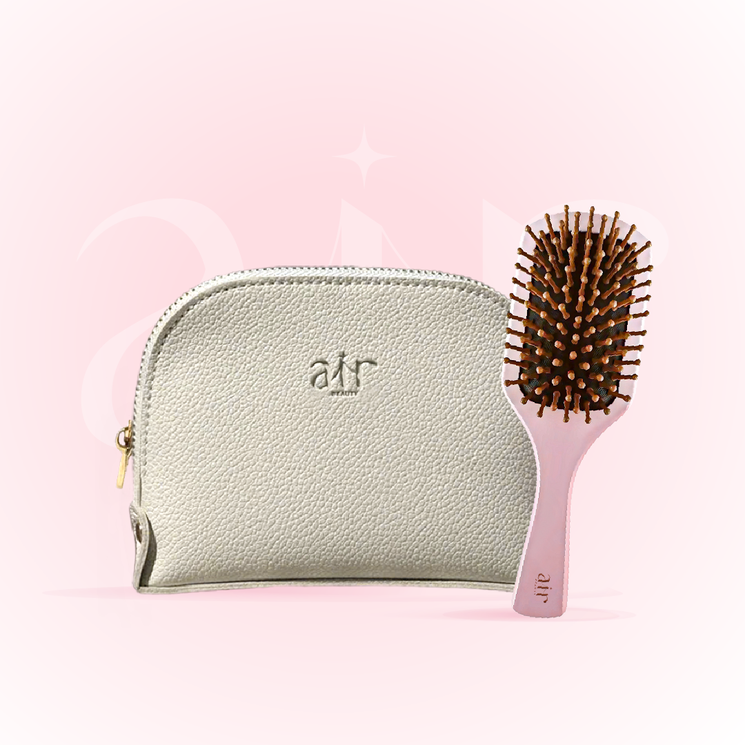Complete Hair & Beauty Set - Wooden Paddle Brush + Mini Travel Makeup Pink Bag